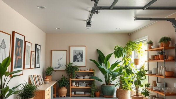 Garage conversion into art studio with artwork and plants.