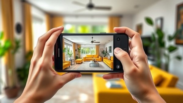 Smartphone capturing living room in home renovation, network protection context