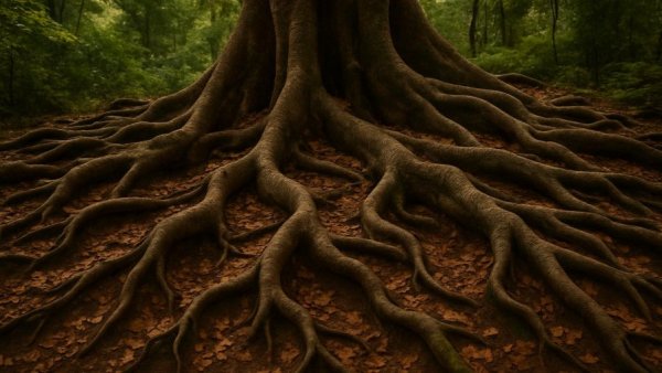 Massive tree roots of a Florida tree spreading across forest floor prominently.