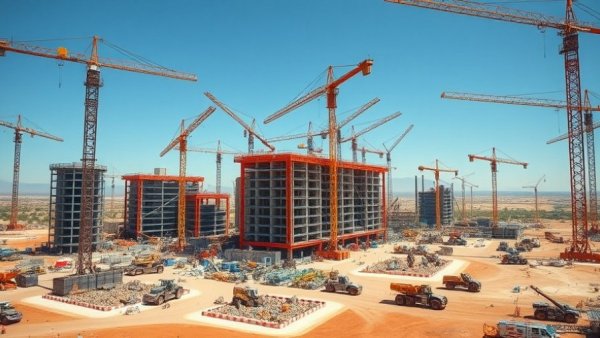 Busy construction site with cranes under a clear sky, home remodeling service.