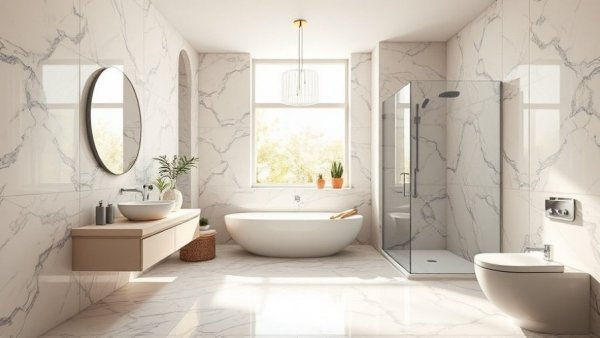 Luxurious marble bathroom with modern fixtures and warm lighting, Choosing Natural Stone.