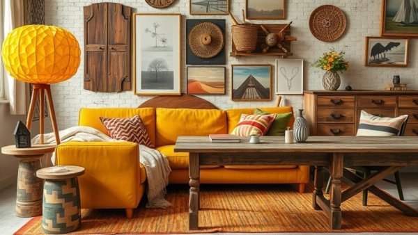 Eclectic rental home design with reused furniture and decor