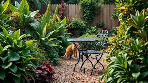 Lush garden with cat and table set showing messy garden benefits for homeowners