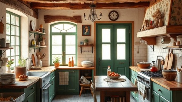 Rustic kitchen featuring vintage charm and bright natural lighting.