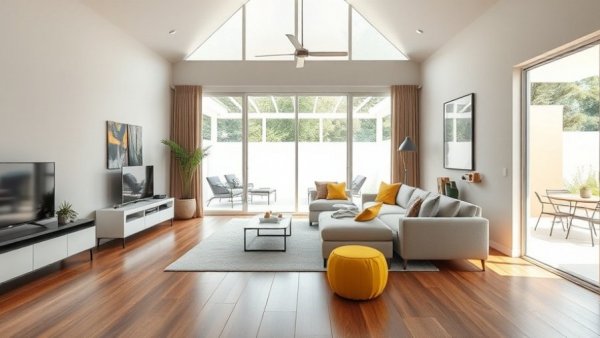 Modern living room with glass doors to deck, enhancing space at home.