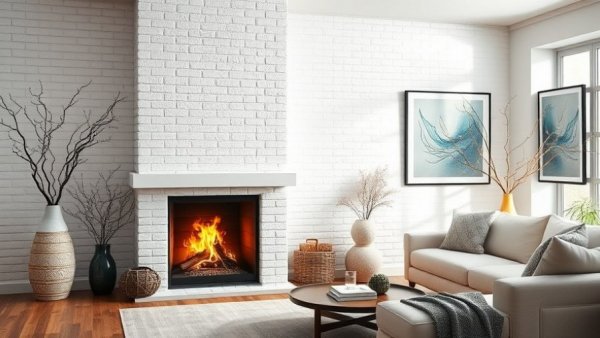 Cozy living room fireplace with modern decor and artistic flair.