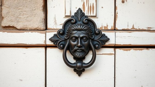 Decorative metal knocker on white wooden surface.