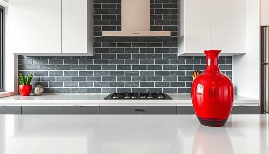 Modern kitchen design with dark backsplash and red vase, highlighting choosing grout color for backsplash.