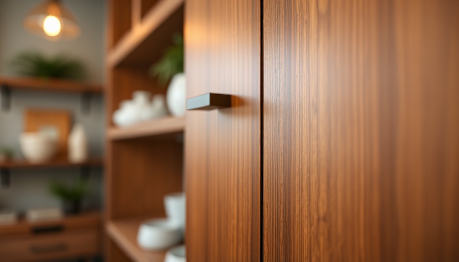 Close-up of sleek cabinet door profiles in warm lighting.