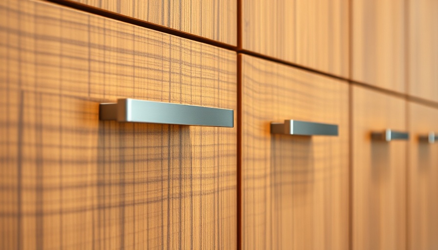 Modern cabinet handles on textured wood, kitchen hardware.