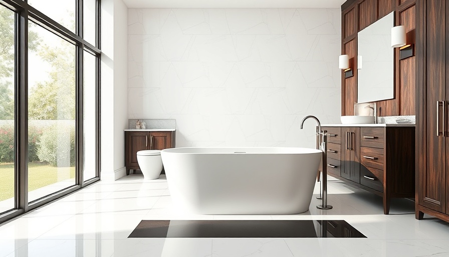 Primary bathroom design choices with bathtub and dark cabinets.