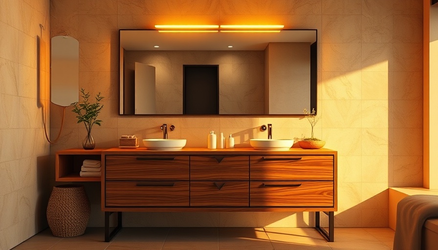 Modern bathroom vanity and mirror with warm lighting in a remodeled space.