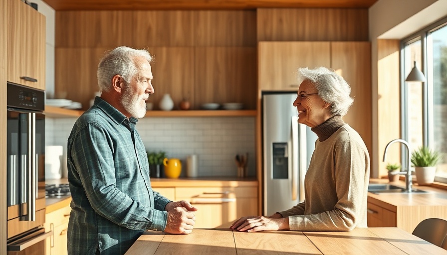 Modern kitchen with older couple, bright natural lighting, accessible kitchen remodeling.