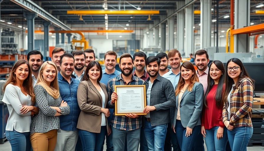 Diverse workplace finalists group with award in industrial setting.
