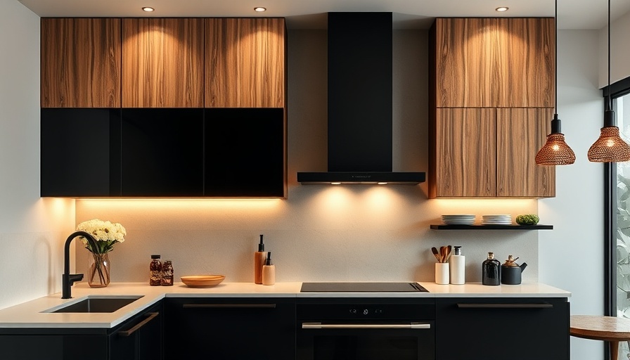 Modern kitchen with timber-look overhead cabinets and sleek design.
