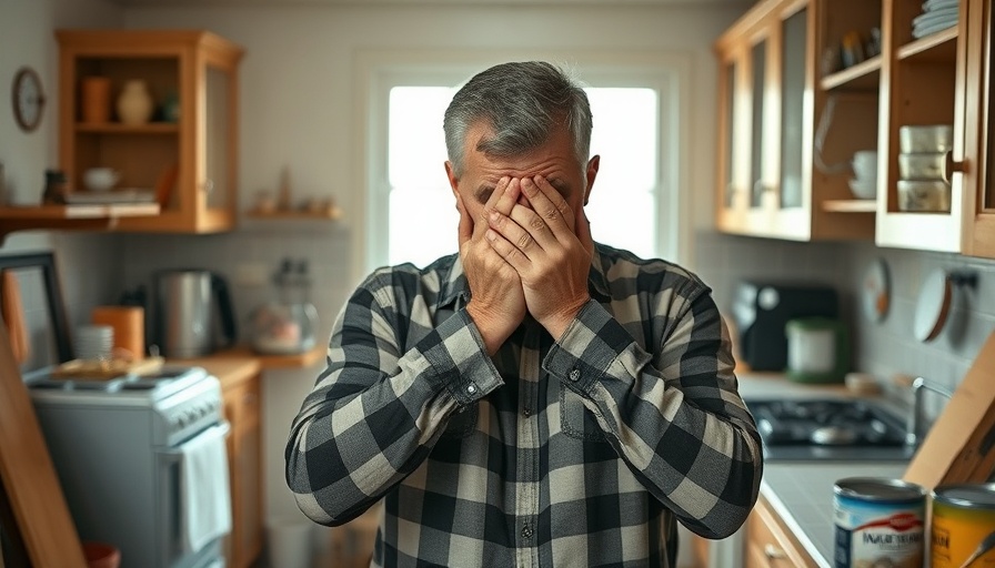 Frustrated man during DIY kitchen renovation, surrounded by clutter.