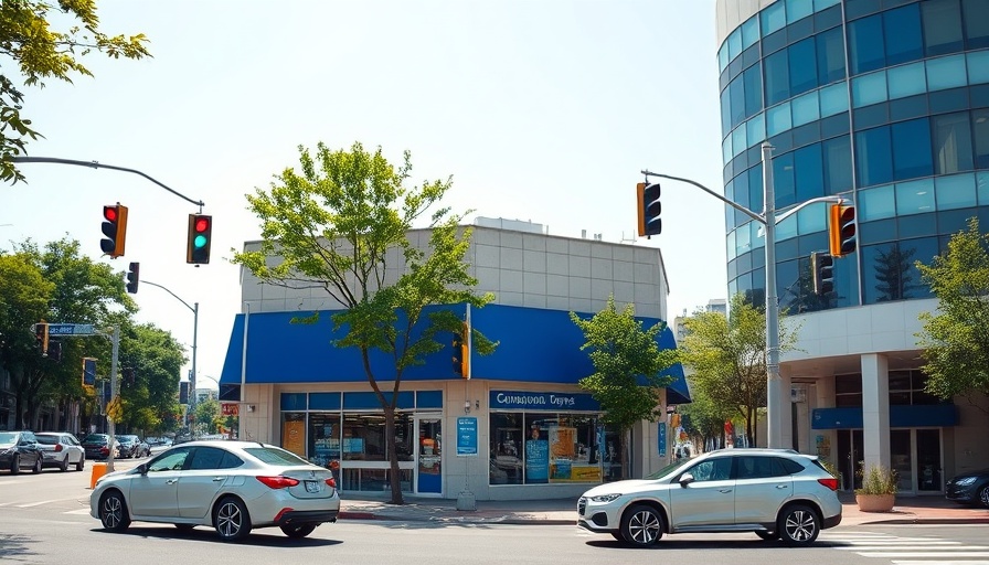 Busy intersection by a kitchen remodeling store.