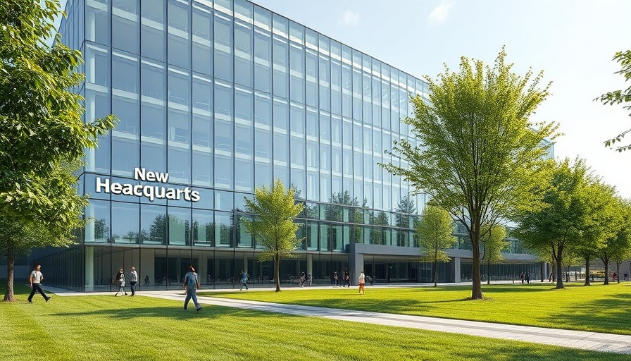 New headquarters construction in Baltimore with glass facade and gardens.