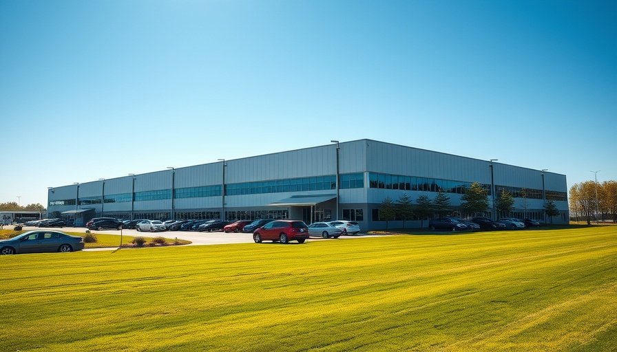 Modern industrial building with parked cars on a sunny day.