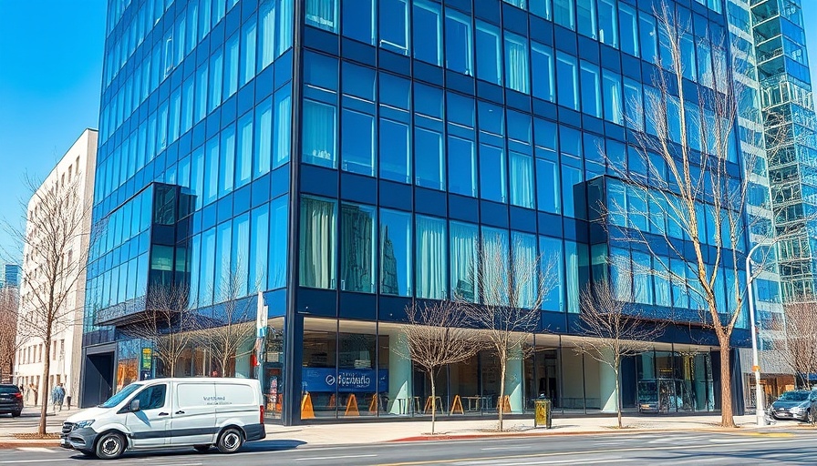 Modern building exterior reflecting the city under clear skies.