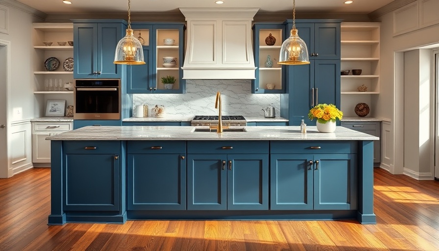 Modern custom kitchen island with blue cabinets and gold fixtures.