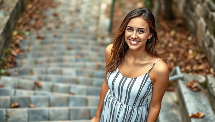 Casual woman smiling outdoors on stone stairs.