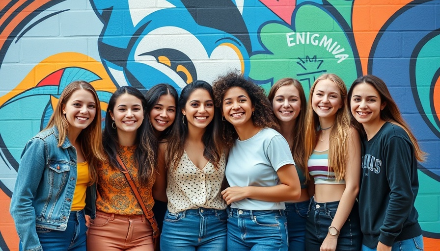 Group of women smiling together at a team retreat, vibrant mural background.
