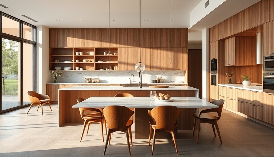 Modern kitchen with sleek design showcasing wood and marble.