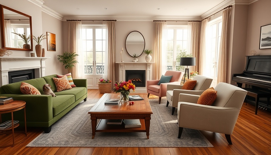 Charming modern living room with elegant decor and dog on sofa
