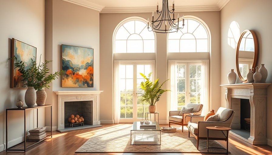 Elegant living room with large windows and abstract art, Choose Bigger Art.