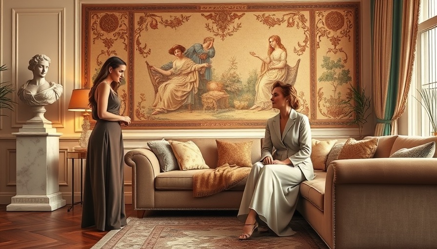 Sophisticated women in a stylishly decorated room with tapestry and classical elements.