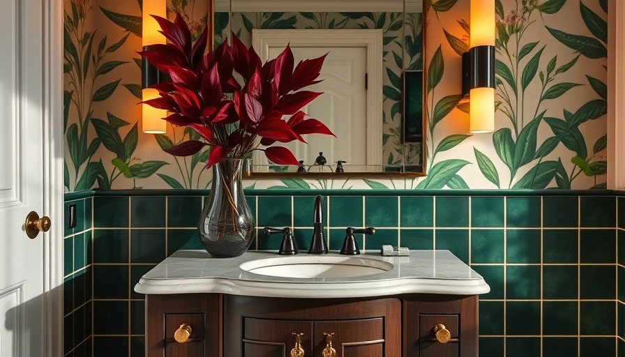 Elegant bathroom with nature wallpaper and green tiles.
