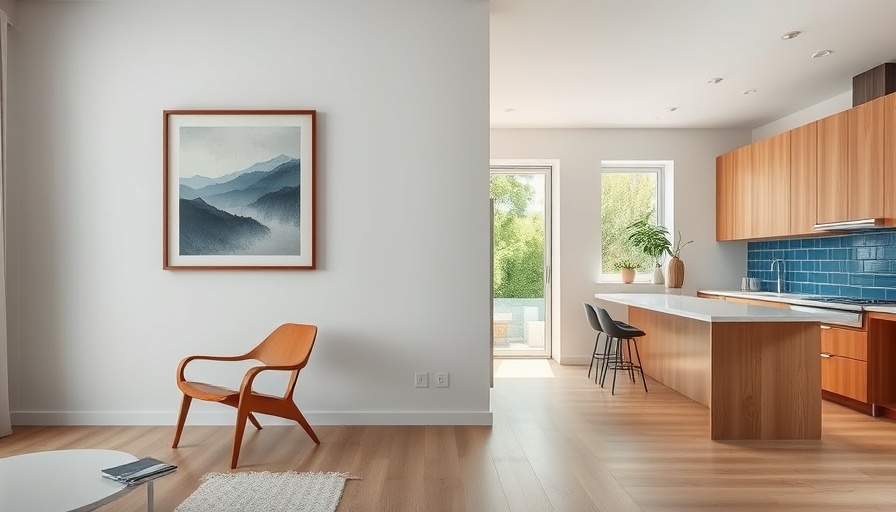 Modern home design details with a blend of styles in living room and kitchen.