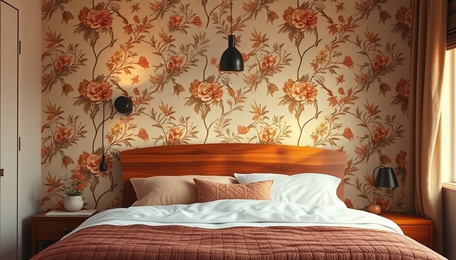 Stylish retro bedroom with floral wallpaper and wooden headboard
