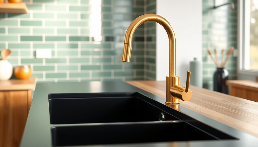 Mixing metals kitchen design with gold faucet and black sink.