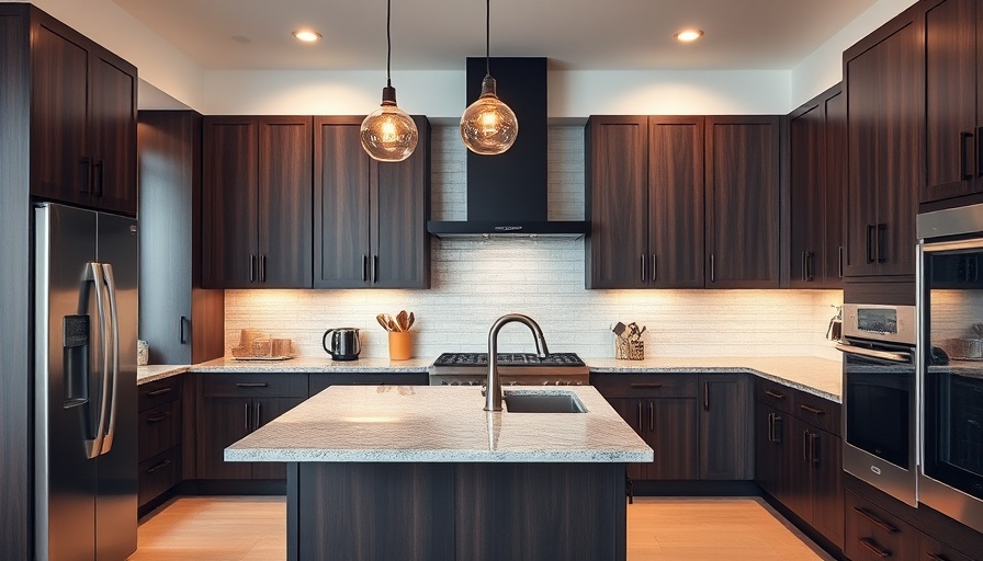 Modern kitchen with wood cabinets and textured backsplash.