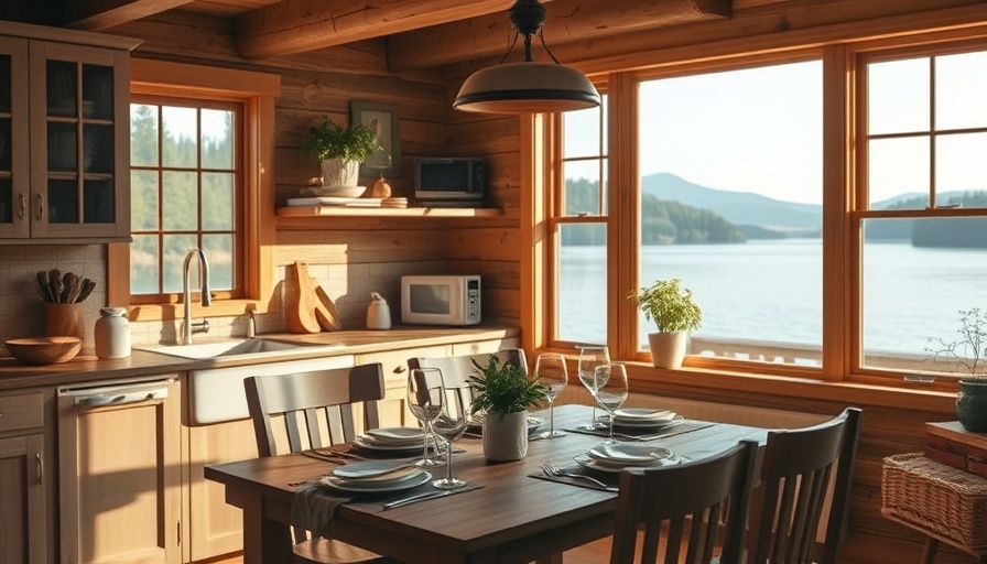 Rustic kitchen interior with large windows and set dining table, ideal for kitchen remodeling inspiration.
