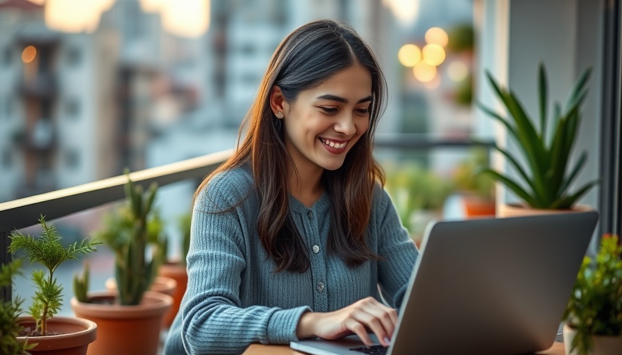 Smiling woman using laptop for home remodeling service research.