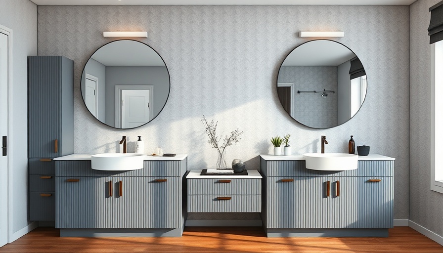 Elegant gray bathroom with reeded cabinets and circular mirrors