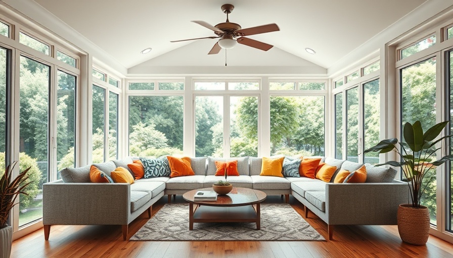 Modern sunroom interior with furniture and garden view.