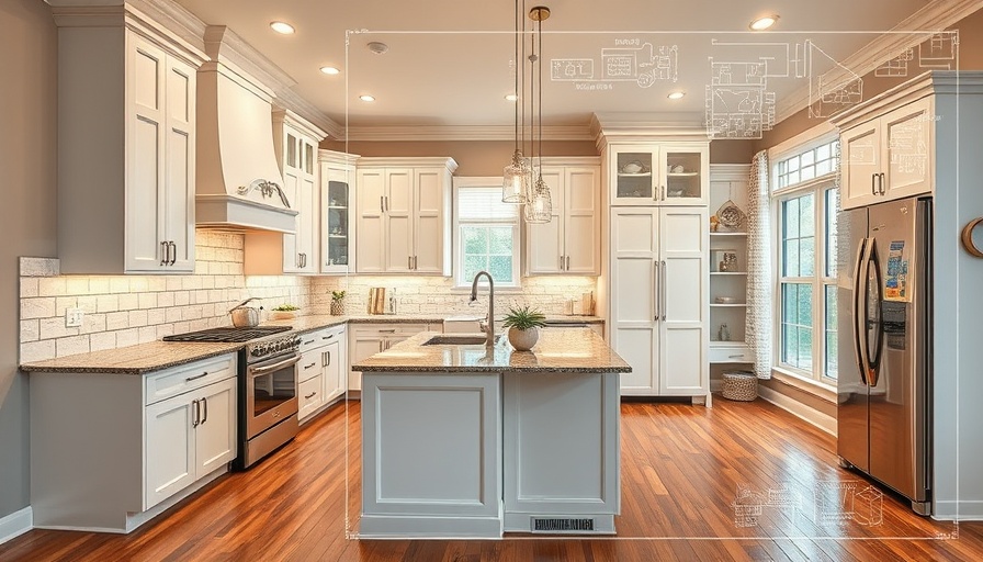 Choosing the Right Features for Your Kitchen Remodel: Transitional kitchen with digital blueprint overlay.