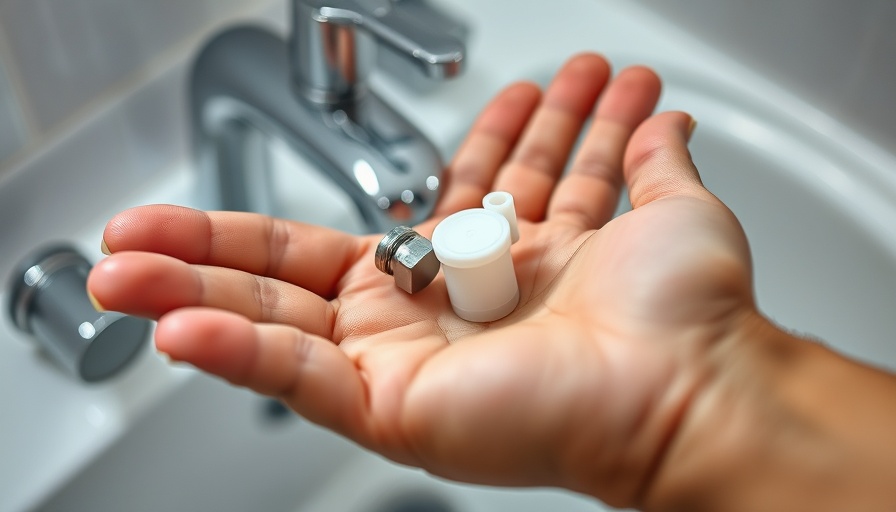 Close-up of hand holding shower diverter parts near faucet
