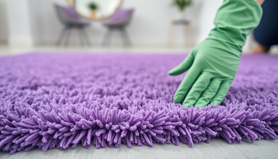 Hands cleaning a purple polyester rug with a sponge and spray.