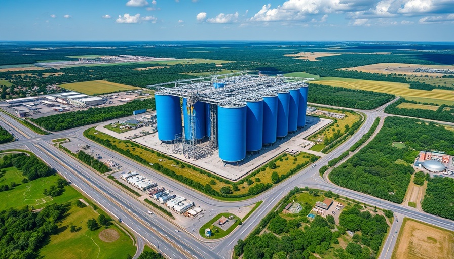 Data center construction boom with large silos and greenery from aerial view.