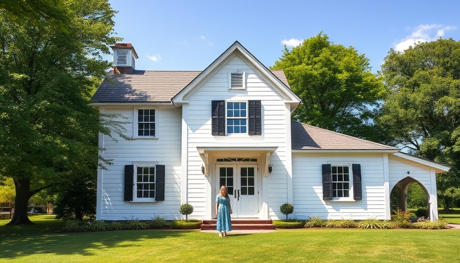 Renovated white 1850s carriage house with woman standing outside.