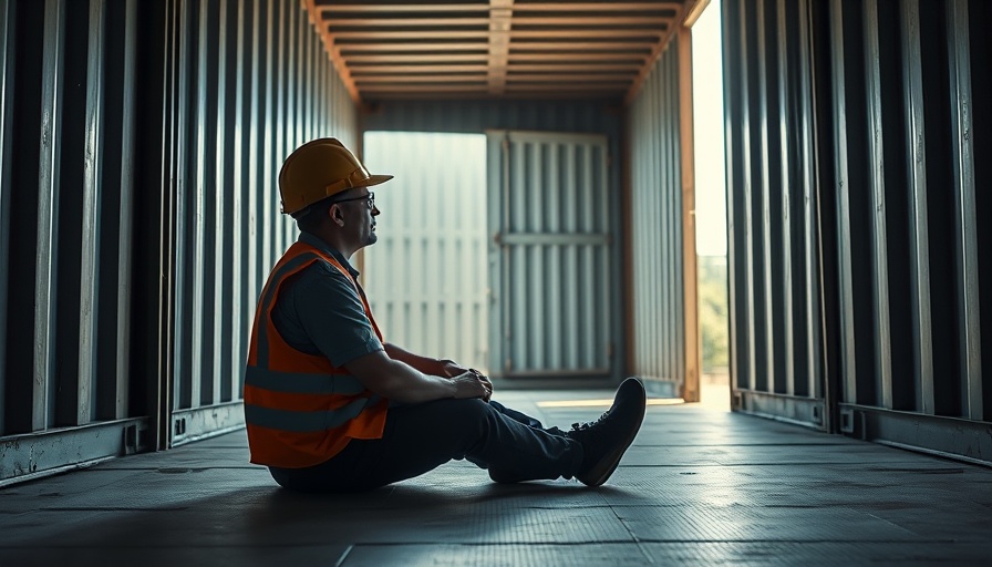 Construction worker pondering in a shipping container, highlighting home remodeling and mental health awareness.
