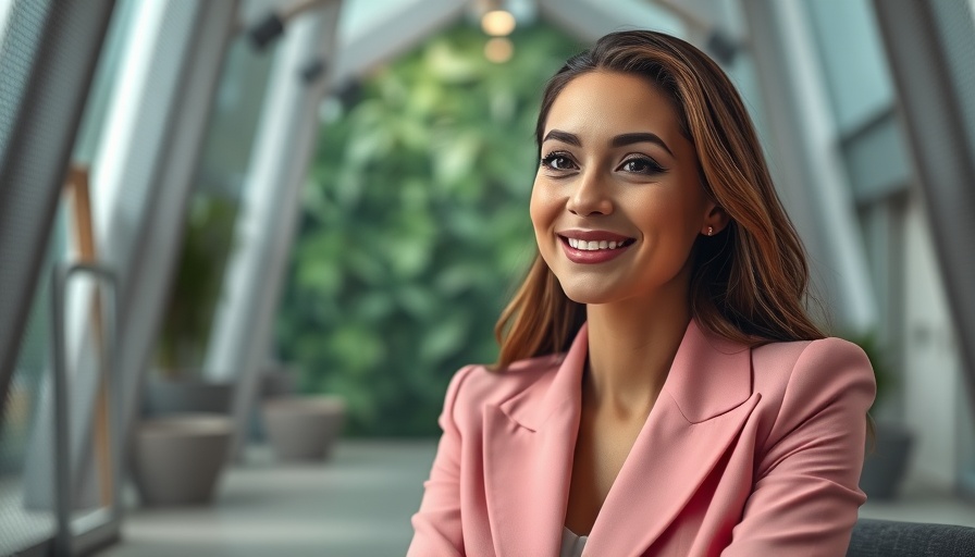 Confident woman in pink blazer in modern architectural area.