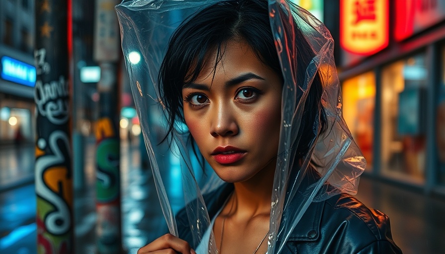AI disaster infrastructure losses depicted by a woman using a plastic bag for rain protection.