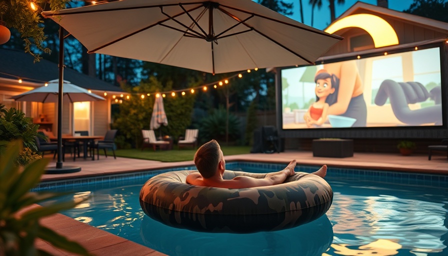 Backyard movie night by the pool, featuring outdoor screen and inflatable.