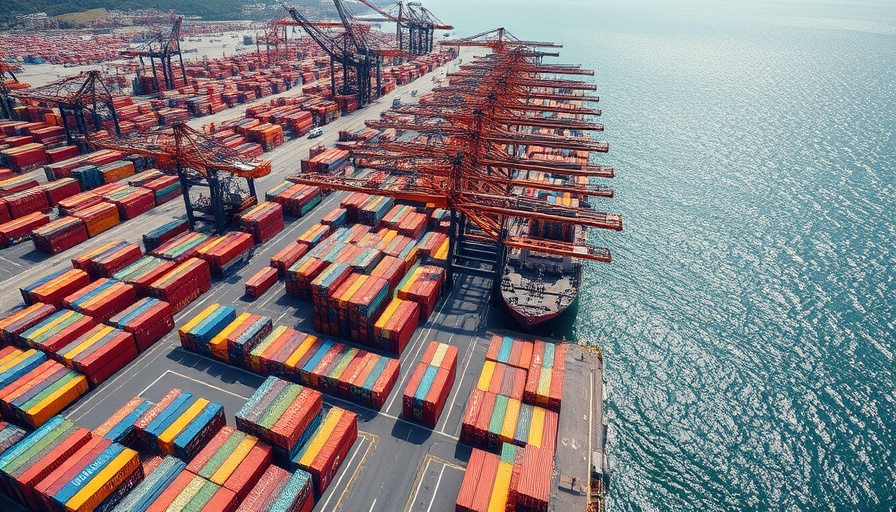 Aerial view of expansive shipping port with colorful containers near shimmering water.